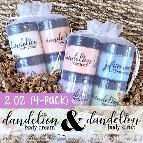 2 oz Dandelion BODY CREAMS & SUGAR SCRUBS {4-Pack} in Organza Bag