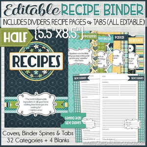 EDITABLE Recipe Binder Collection NAVY {Half Size 5.5x8.5} PRINTABLE