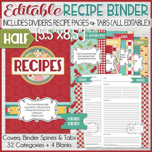 EDITABLE Recipe Binder Collection RED {Half Size 5.5x8.5} PRINTABLE