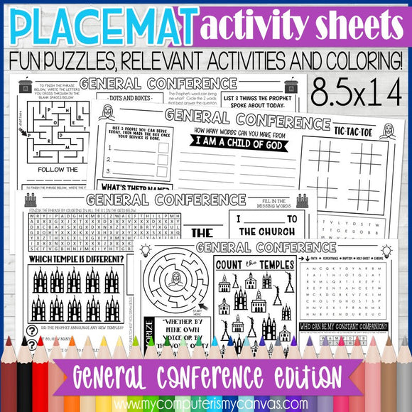 Placemat Activity Sheets {GENERAL CONFERENCE} PRINTABLE